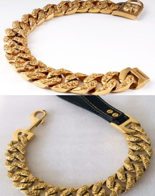 Stainless Steel Gold Dog Collar For Pitbull & Bulldog