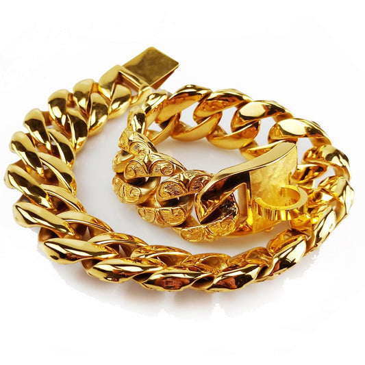 Stainless Steel Gold Luxury Dog Collar & Chains For Dogs.